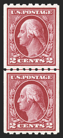 411, 2c Carmine coil, perf. 8½ horiz., guide line pair, dazzling bright color, exceptionally well centered, o.g., n.h., extremely fine 2010 PF certificate (XF-Superb
95).