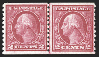 453, 2c Carmine rose rotary coil, Ty. I, perf. 10 vert., joint line pair, vibrant color, o.g., faintly hinged, fine-very fine 1988 PF certificate (never hinged by omission) and
a 2010 PF certificate.