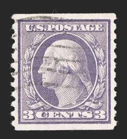 456, 3c Violet rotary coil, Ty. I, perf. 10 vert., choice used single, outstanding centering, fresh color on bright paper, light wavy cancel, extremely fine 2010 PSE
certificate (XF-Superb 95 SMQ $960.00) the only used example to grade 95, wi