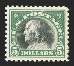 524, $5.00 Deep green and black, remarkably well centered within large balanced margins, deep rich colors and crisp detailed impressions on fresh white paper, pristine o.g.,
n.h., extremely fine while nice examples of this stamp can be found wi