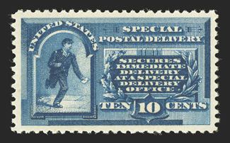 E1, 10c Blue, an exceedingly choice mint single in a quality that is seldom encountered, being remarkably well centered within large margins, rich luxuriant color and a well
defined impression, o.g., just the barest trace of hinging, an extremel