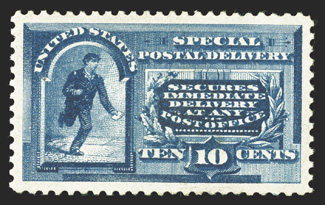 E2, 10c Blue, beautifully centered within large margins, strong fresh color, o.g., lightly hinged, current certificate notes four extended perf. tips at bottom, extremely fine
appearance clear 1989 PF certificate and a 2010 PSE certificate.