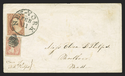 11, 3c Dull red, four ample to large margins, tied along with 136L9, Swarts City Despatch Post, New York, N.Y., (1c) Red, with large even margins all around and fresh color, by
oval grid on cover to Marlboro, Mass., 11 also tied by a bold