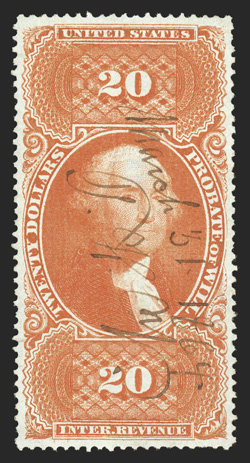 R99c, $20.00 Probate of Will, exceedingly well centered within large margins, brilliant color, light 1864 ms. cancel, extremely fine an uncommonly choice example of this scarce
revenue stamp 2010 PF certificate.