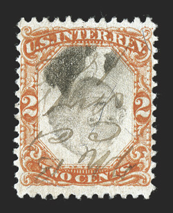 R135b, 2c Orange and black, Inverted Center, well centered, especially bright colors, light ms. cancel, very fine.