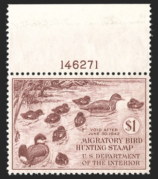 RW8, 1941 $1.00 Brown carmine, gem mint top margin plate no. 146271 single, lavishly large and perfectly balanced margins all around, lovely rich color, pristine o.g., n.h.,
current certificate notes two small spots of gum loss, extremely fine