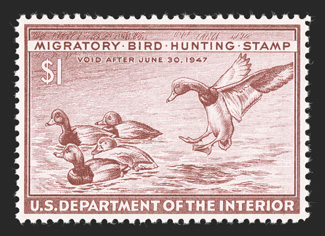 RW13, 1946 $1.00 Red brown, a flawless mint single, possessing mathematically precise centering, brilliantly fresh color on pristine white paper, o.g., n.h., a superb gem for
the collector who is assembling a set of Hunting Permit stamps in only