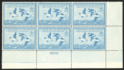 RW15, 1948 $1.00 Bright blue, bottom right corner margin plate no. 160101 block of six, essentially perfect centering, strong and intact, o.g., n.h., extremely
fine.