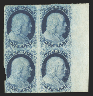 7, 1c Blue, Ty. II, positions 19-2029-30R3, an immensely rare mint right sheet-margin block of four, being one of only four recorded unused blocks from the short-lived plate 3,
possessing ample to mostly large margins all around (including