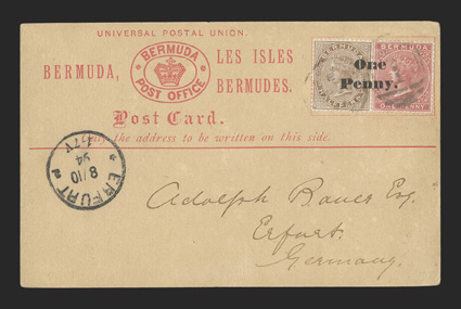 1893 One Penny. provisional postcard surcharge, setting C of the surcharge (the rarest of the three settings known), perfectly positioned between ½p Stone and 1p Dull rose
Victoria adhesives (S.G. 19, 22), used on post card to Erfurt, Germany,