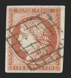 8, 1849 1Fr Vermilion, used, four large margins, bright fresh color, diamond grid cancel, tiny flaw in the bottom margin, otherwise a very fine example of this scarce stamp
(Yvert 7 €20,000).