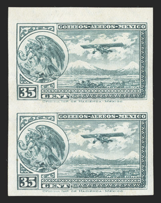 C15a, 1929 35c Blue green air post, imperforate, top margin vertical pair, other margins also large, quite fresh, o.g., lightly hinged, very fine only one imperforate sheet of
60 stamps (30 pairs) was discovered signed Ruidiaz and another.