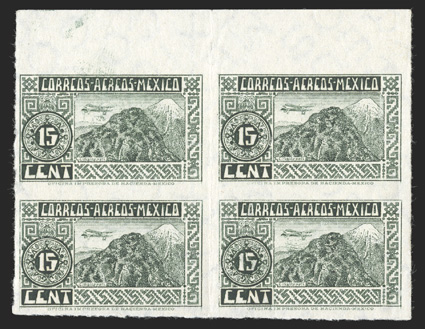 C67a, 1934 15c Gray green air post, imperforate, top margin block of four, bright color, o.g., n.h., top left stamp with slight offset on gum, vertical crease between stamps,
very fine only one sheet of 30 stamps was issued imperforate the cat