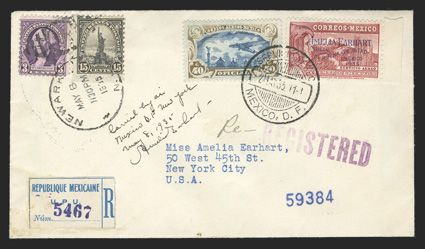 C74, 1935 20c Amelia Earhart, tied along with 40c Air post official (CO14) by May 2, 1935 c.d.s. on flown registered cover to New York, U.S. 3c and 15c regular issues tied by
Newark May 8, 1935 pmk., signed by Amelia Earhart with endorsemen