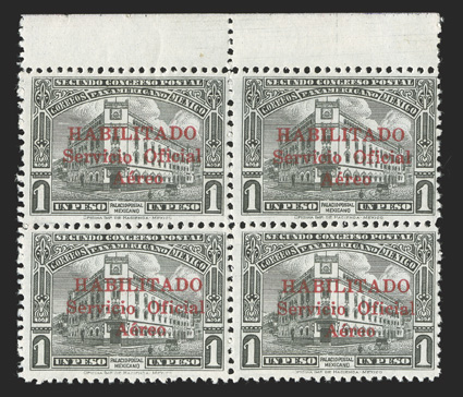 CO10, 1929 1P Black air post official, top sheet-margin block of four, brilliant color, o.g., never hinged, fine only 100 stamps were issued, making blocks extremely rare
signed Ruidiaz and accompanied by a 2011 Mepsi certificate.