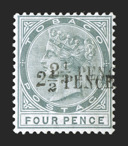 30a, 1891 2½ Pence Surcharge on 4p Gray, double surcharge, a premium mint example of this very scarce and seldom offered error, wonderfully fresh, well centered, o.g., lightly
hinged, very fine and exceedingly choice 1990 RPS certificate e