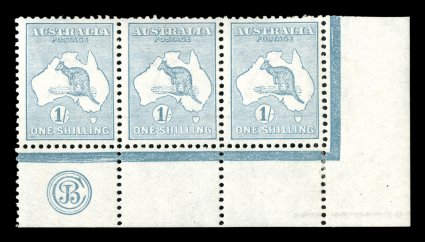 10, 1913 1- Blue green, impressive bottom right corner JBC monogram strip of three from Plate 2 (lower), distinctive Blue green color on fresh paper, quite well centered, o.g.,
lightly hinged, very fine a rare and undercataloged monogram m