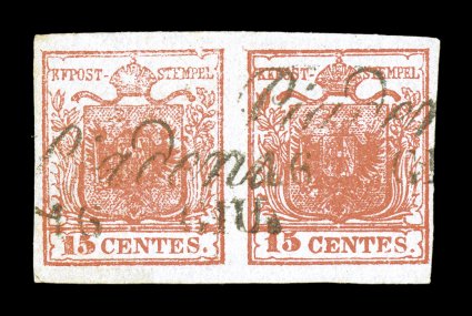 Sassone 3+4, 1850 15c Red on handmade paper, Ty. III se-tenant horizontal pair, fresh used example of this interesting position piece, the type II stamp is actually a type IIa by
Ferchenbauer which is scarcer than type IIb, bright color on fres