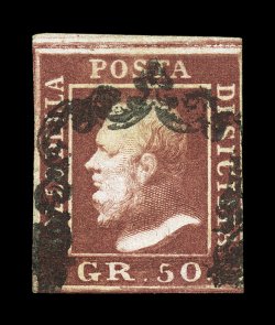 Sassone 14, 1859 50gr Dark red brown, an extraordinarily rare used example of this high value that is one of the most difficult values to find genuinely used, well clear to
extra large margins with an impressively wide margin at top, bold black
