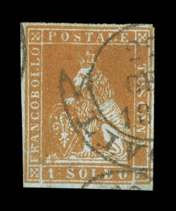 Sassone 2, 1851 1s Ocher on grayish, handsome used example, possessing full large and balanced margins all around, intense deep color and nice impression, neatly cancelled with
a portion of a Livorno postmark, choice very fine and quite scarce i
