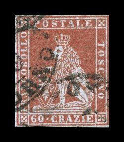 Sassone 9, 1852 60cr Dark scarlet on grayish, the fabulously rare high value of Tuscany, used single with three clear margins and along the frame line at right, portion of
Livorno cancel, small back flaws, fine appearance and a terribly rare sta