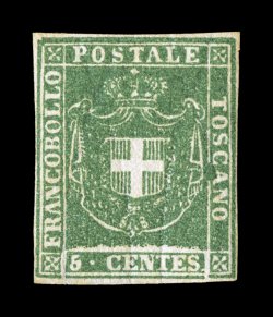 Sassone 18, 1860 5c Green, a choice mint single of this rare mint value of the provisional government, clear to large margins all around which is not at all common on these
extremely tight margined issues, especially fresh with strong deep color