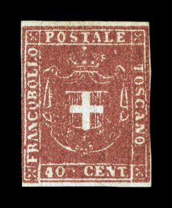 Sassone 21c, 1860 40c Dark carmine, another exceptionally rare mint example of this provisional government value, this being in the dark carmine shade with particularly deep
intense color, extra-large margins at top and bottom, barely into the f