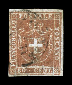 Sassone 22, 1860 80c Flesh, a choice and attractive used single, well clear margin at left and huge margins on the other three sides, rich color on fresh bright paper, light
Firenze c.d.s., extremely fine a highly select stamp in all respects