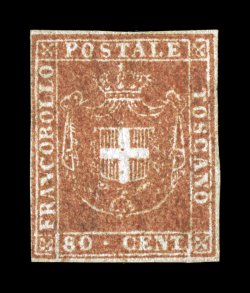 Sassone 22a, 1860 80c Flesh bister, a magnificent mint example of the rarest of the provisional government issues except for the 3L high value, lovely fresh color in the deeper
attractive shade that Scott describes as orange brown, bright crisp
