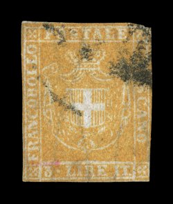 Sassone 23, 1860 3L Yellow ocher, a genuine used example of this world-class high value rarity, bright color, cut along the frame lines all around being slightly in at the top
right corner and at right, the all important value tablet is full and