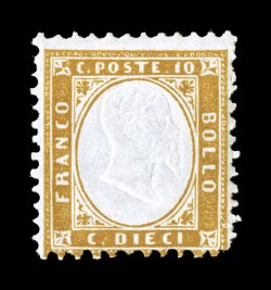 Sassone 1, 1862 10c Yellow bister, fresh mint single of this first perforated stamp, attractive bright color with nice embossing on fresh white paper, full o.g., lightly hinged,
just fine centering that is very typical of the perforating on this