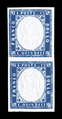 Sassone 11, 11k, 1863 15c Blue, double embossed head, lovely vertical pair with the variety being the bottom stamp se-tenant with a normal at top, wide even margins all around,
rich deep color and strong embossing with the double head being well