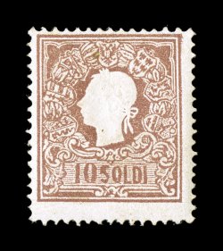 Sassone 31, 1858 10s Brown, Ty. II, mint single of this scarce type, fresh with attractive color on bright paper, full crisp perforations, o.g., small h.r., unobtrusive natural
inclusion, a fine original gum example of this rare stamp signed A.