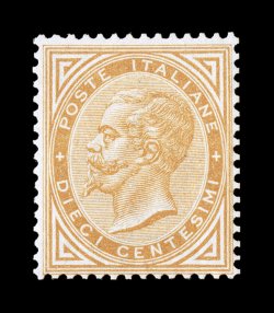 Sassone T17, 1866 10c Ocher yellow, Turin printing, choice mint example of this scarce value, lovely fresh color in the lighter shade of the stamps printed in Italy, nice white
paper with crisp even perforations, o.g., barest trace of hinging, a