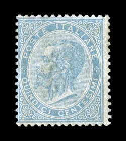 Sassone L18, 1863 15c Light blue, London printing, fresh mint single, surrounded by crisp even perforations, attractive color in the lighter shade of this stamp, o.g., lightly
hinged, normal fine centering and a scarce mint example of this value