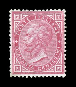 Sassone T20, 1863 40c Carmine red, Turin printing, a handsome mint single possessing attractive centering, radiant deep color on crisp white paper, o.g., unobtrusive h.r., a
fine and choice mint example the 40c value is the most elusive of th