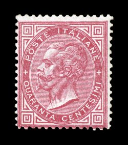 Sassone T20, 1863 40c Carmine red, Turin printing, another fresh mint single of this rare value, brilliant color on bright white paper, crisp even perforations, o.g., lightly
hinged, normal fine centering and a rare stamp signed Fiecchi, A. D(i