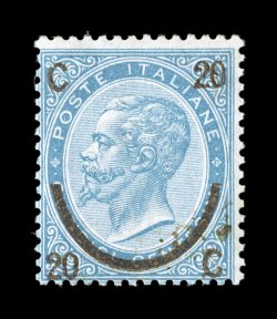 Sassone 25, 1865 20c on 15c Blue, Ty. III, pristine mint single possessing a mint bloom that belies the age of this stamp, bright blue color, fresh white paper, even
perforations, o.g., never hinged, normal fine centering scarce in such immacul