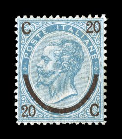 Sassone 25, 1865 20c on 15c Blue, Ty. III, an amazingly well centered example of a stamp that hardly ever is found with choice centering, attractive clear blue color on bright
paper, full even perforations, fresh o.g., small h.r., very fine and