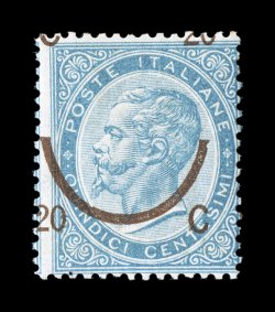Sassone 25d, 1865 20c on 15c Blue, Ty. III, strongly shifted surcharge, pristine mint single, this with the surcharge shifted to the top left so that the top C 20 is nearly off
the stamp, lovely bright color on especially fresh bright paper, i