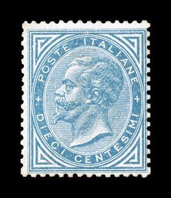 Sassone 27, 1877 10c Blue, fresh mint single of this rare value reissued in a new blue color rather than the original orange, the color is deep with sharp impression, o.g., very
lightly hinged, fairly well centered for this, fine and choice a v