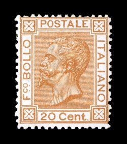 Sassone 28, 1877 20c Orange ocher, a remarkably fresh mint single, brilliant orange color on bright white paper, o.g., lightly hinged, normal fine centering this attractive
stamp is considerably rarer than the earlier rendition in blue a very