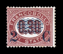 Sassone 32, 1878 2c on 30c Lake, exceptionally fresh mint single of one of the key values in this surcharged set, intense deep color, surcharge is well struck and detailed,
o.g., n.h., normal fine centering a surprisingly difficult stamp to acq