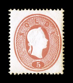 Sassone 33, 1861 5s Red, attractive and very scarce mint single, rich bright color on fresh paper, surrounded by full even perforations, clean full o.g. that has only been very
lightly hinged, natural paper wrinkle, otherwise very fine a very e
