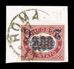 Sassone 34b, 1878 2c on 2L Lake, inverted surcharge, used single tied to attractive small piece by Rome c.d.s. postmark, fresh with bright color, normal fine centering handsome
usage of this scarce error signed A. D(iena) (Scott 42a $1,300.0