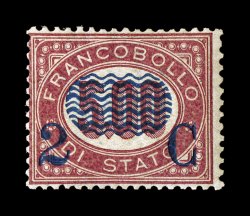 Sassone 35, 1878 2c on 5L Lake, pristine mint single of this key value in the set, rich luxuriant color on fresh thin paper, o.g., n.h., usual fine centering for which the
Sassone catalog value applies a lovely example of this very scarce stamp