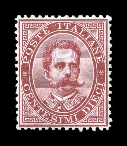 Sassone 38, 1879 10c Carmine, an amazingly well centered mint single that is highly uncharacteristic of this nineteenth century issue, attractive claret color on fresh white
paper, o.g., lightly hinged, extremely fine Sassone catalog value is f