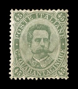 Sassone 46, 1889 45c Olive green, an exceptionally scarce mint single, rich olive green color, full o.g., lightly hinged, normal fine centering a highly desirable example of
this elusive stamp signed Raybaudi and accompanied by his 1996 certif