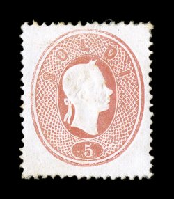 Sassone 33a, 1861 5s Light red, well centered mint single in the pale shade of this issue, surrounded by full perforations, bright paper, o.g., h.r. and slight album offset at
top, very fine and an attractive example of this rare mint value sig