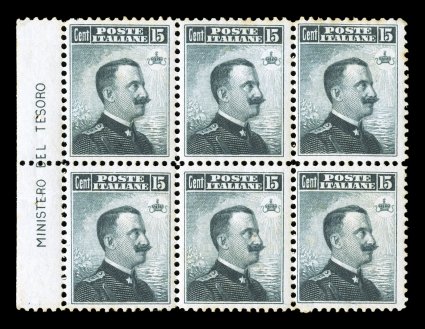 Sassone 80 var., 1906 15c Black gray, booklet pane of six with Ministero Del Tesora inscription in the left selvage, quite well centered overall, o.g., n.h., slight gum perf.
toning that is quite common on these early booklet stamps, otherwise